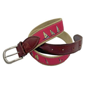 The Belted Cow Co Maine Belt Size 34/85 Pink Canvas & Leather Sailboat Nautical